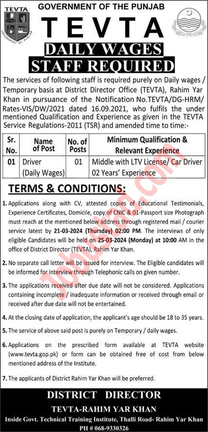 TEVTA Jobs in Punjab 2024